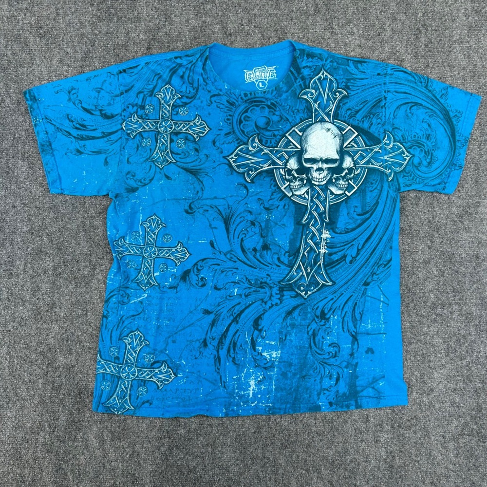 MMA Elite Mens Blue Skull Cross Graphic T-Shirt Large Y2K Affliction Style Tee